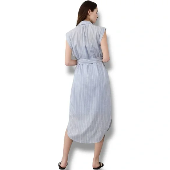 Banana Republic New W/ Tags Dark Blue Button Down Collared Tie Waist Midi Dress - Picture 2 of 16